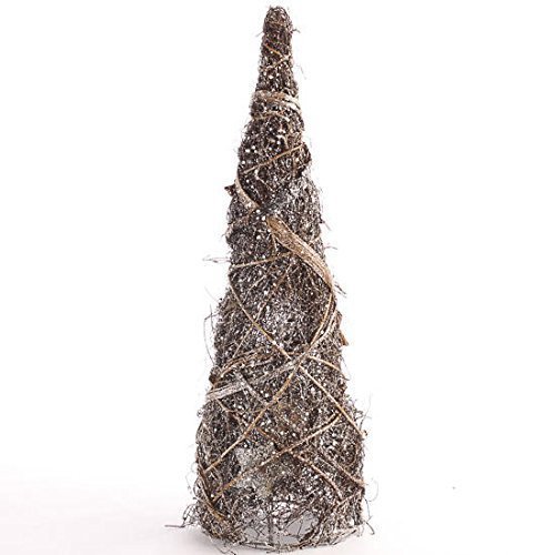 Natural Twig Rattan Cone Shaped Tabletop Tree with Silver Glitter Accents