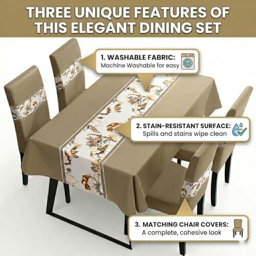 Image of Styleys Dining Chair Cover with Table Covers for Kitchen Waterproof Dining Table Cloth (1 Table Cover + 4 Chair Cover, Light Brown Flower, K723)