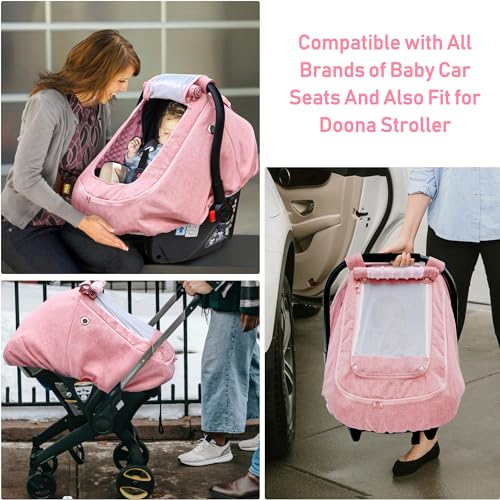 Image of Waterproof Baby Car Seat Cover，YVMVDV Patented Pink Cold Weather Carseat Cover for Babies,Infant Car Seat Cover Canopy for Girls, Windproof Car Seat Canopy for Girls, Keeps Babies Warm and Cozy