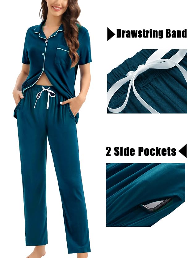 Image of SWOMOG Womens 3pcs Button Down Pajamas Set Short Sleeve Sleepwear Bride Pj Lounge Set with Long Pants