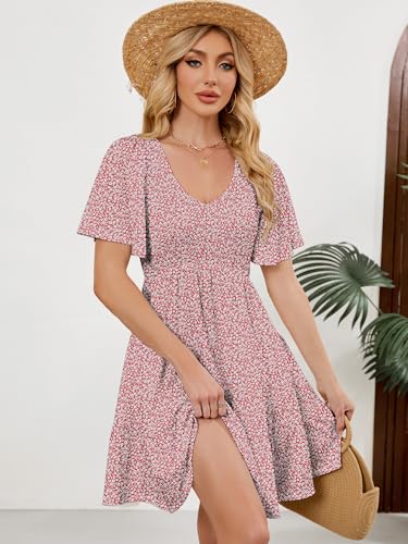 Image of UEAL Womens Cute Floral Smocked V Neck Flutter Sleeve Sundress with Pockets Casual Spring Summer Dresses for Women 2026