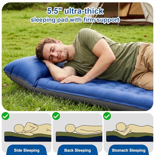Image of Camping Sleeping Pad 5.5 inch Thick with Pillow & Built-in Foot Pump