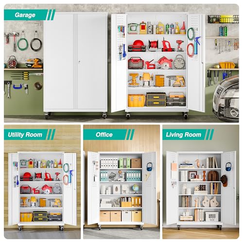 Image of SISESOL White Wide & Deep Metal Storage Cabinet with Wheels,Tall Rolling Garage Storage Cabinet with Lock,Black Metal Cabinets with Shelves and Pegboards,Tool Locker for Garage,Home,Office
