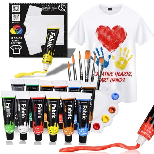 HUAL 12 Colors Fabric Paint Set for Clothes, Permanent Textile Paint Kit