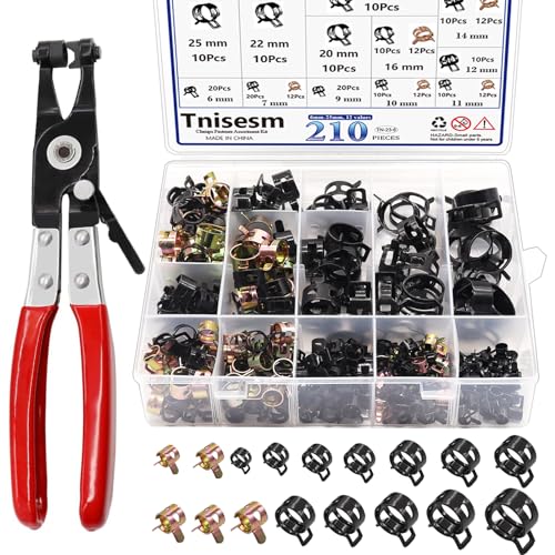 Image of Tnisesm 210Pcs 6-25mm Spring Band Hose Clamps Assortment kits with Swivel Flat Hose Clamp Plier, Spring Band Type Fuel Line Silicone Vacuum Hose Steel Clamp,Low Pressure Air Clip Clamp