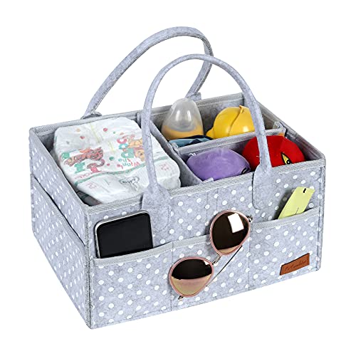 Baby Diaper Caddy Organizer, Opening Multi-Pocket Portable Nursery Storage Basket, Dots Felt Nappy Bag with Changeable Compartments, Wipes Bags Nappy Organizer Container(Light Grey)