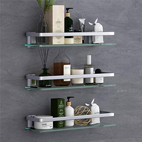 VOLPONE Glass Wall Shelf 3 Tier Bathroom Shower Glass Shelf Wall Mounted Metal Storage Floating Shelves for Kitchen 15.7inch (Sliver)