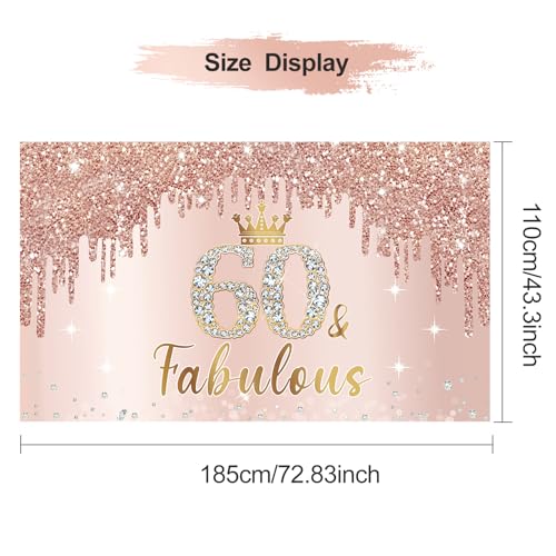 Image of Eucutur Pink Rose Gold 60th Birthday Banner Decorations for Women, Happy 60th Birthday Banner Backdrop Party Supplies, Sixty Years Old Bday Background Photo Sign for Indoor Outdoor