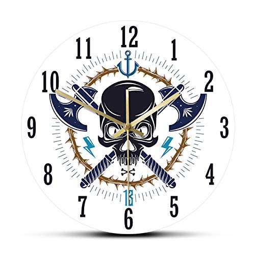 Wall Clock Aggressive Skull Pirate Emblem Modern Vintage Style Jolly Roger Home Decor Tattoo Deadhead Silent Battery Operated Silent Non-Ticking For Home Office School Bedroom Decor Gift Ideas #TOP5