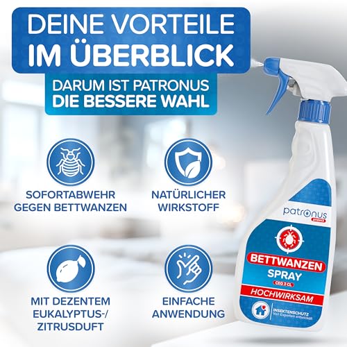 Patronus Bettwanzen-Spray zur effektiven Bettwanzen-Abwehr 500 ml - Sofortschutz-Mittel gegen Bettwanzen - mit dezentem Eukalyptus/-Zitrusduft - hochwirksam & laborgeprüft