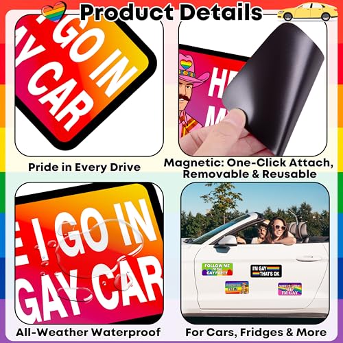 Image of 16PCS Gay Pride Car Bumper Magnets: Funny Rainbow Decals Bulk for LGBT Parade, Truck, Fridge, Cruise - Prank Gift Idea (Retro Lively)