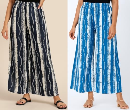 Image of PI World Printed Striped Western Mid Rise Palazzo /Trouser /Pant for Women /Girls Combo 2 (Waist 28 Inches to 36 Inches)