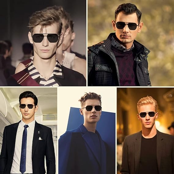 Image of Polarized Square Sunglasses for Men Stylish | Bold Alloy Black 100% UV Protection Branded Goggles for Driving Party Casual | Double Bridge Retro Anti Glare Sun Glasses