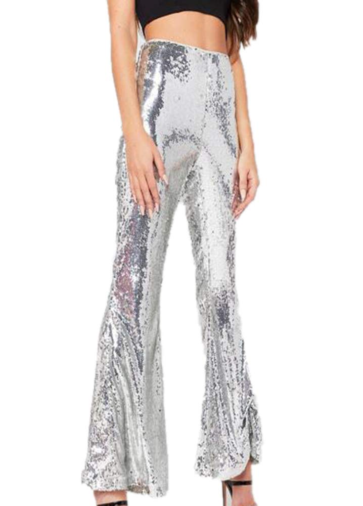 Babao Women's Silver Sequins Flare Pants Glitter Sequin Stretch Trousers
