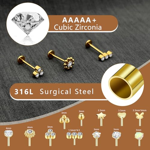15Pcs 20G/18G/16G Flat Back Push in Stud Earrings 316L Surgical Stainless Threadless nose rings Medusa Piercing Jewelry Hypoallergenic Labret Studs Lip Rings ring for Women Men Be Equipped With Ball Grabber Tool2