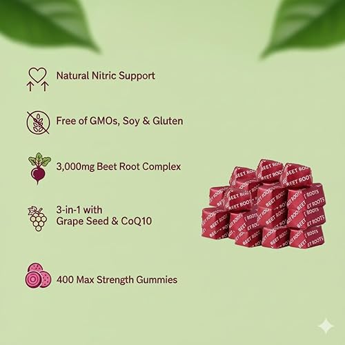 Miniatura 8 de Masticables de corazón de raíz de remolacha, soporte de óxido nítrico y presión arterial, extracto de semilla de uva y polvo de raíz de remolacha