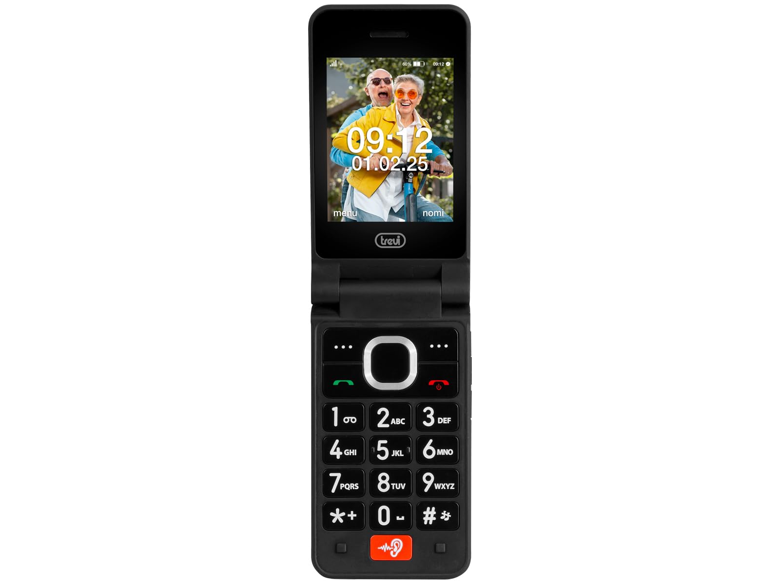 Trevi FLEX PLUS 95 4G Senior Phone a Conchiglia 4G con Doppio Display, Tasti Grandi Retroilluminati, Tasto SOS, Base di Ricarica USB-C, Cellulare Facile per Anziani con Funzioni Multimediali