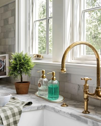 Image of JASAI 18Oz Glass Soap Dispenser with Golden Pump for Kitchen,Refillable Liquid Hand soap Dispenser with Vertical Stripe, Clear Soap Dispenser Bathroom for Hand soap, Dish Soap, Lotion