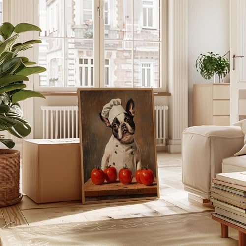 Image of aj decor Boston Terrier Chef Kitchen Wall Art Print Poster, Dog Pet Lover Picture Painting Artwork Bedroom Living Room Office Dining Room 150D (Boston Terrier Chef Kitchen, 11 inch W x 14 inch L, Wood Frame)