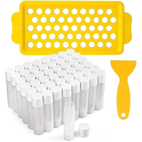 LotFancy Lip Balm Tubes with Filling Tray and Spatula, 50Pcs 5.5ml (3/16 Oz) Clear Lip Balm Containers with White Caps, BPA Free & Leak Free Lip Balm Making Kit Cover