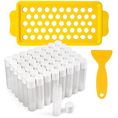 LotFancy Lip Balm Tubes Kit with Filling Tray & Spatula 50 Pcs 5.5ml (3/16 oz) Clear Empty Lip Balm Containers with White Caps BPA-Free Leak-Resistant