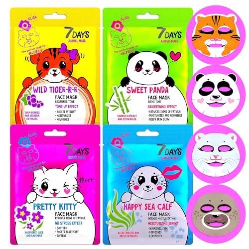 7Day Masque visage en Feuille - Ensemble De Masques Visage En Tissu Hydratants, Anti-âge, Hydratants, Apaisants Et Rafraîchissants - Mignon Masque Facial Beauté 4 Pièces