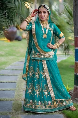 Image of Heavy Embroidery Work Semi Stitched Shimmer Silk Designer Rajputi Poshak For Women Rajasthani Lehenga Choli