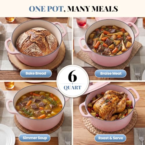 DUMOS Enamel Cast Iron Dutch Oven, 6 Quart Pot with Lid, Gradient Pink - Image 3