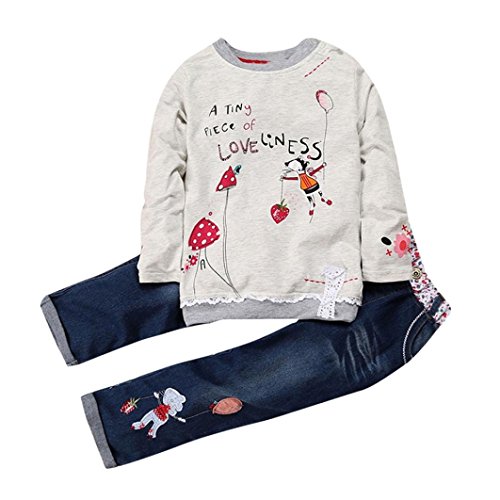 3pcs Neonata Manica Lunga Completini Cartoon Topi Lettera Stampa T-Shirt Cime + Floreale Ricamo Denim Pantaloni Bambina Vestiti (Grigio, 3 Anni)