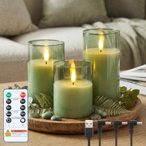 Image of Homemory Rechargeable Sage Green Glass Flameless Candles with Remote Timer, 3 Pack