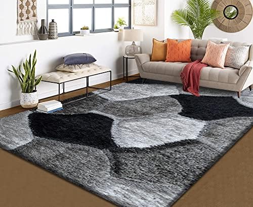 Modern Shaggy Rugs Living Room Large Small Area Rugs for Bedroom Carpet - Luxurious Soft Touch Thick Dense Pile Kitchen Rug Runner Indoor Non Slip Mat - Black Grey Silver-Nova , 60 x 110 cm