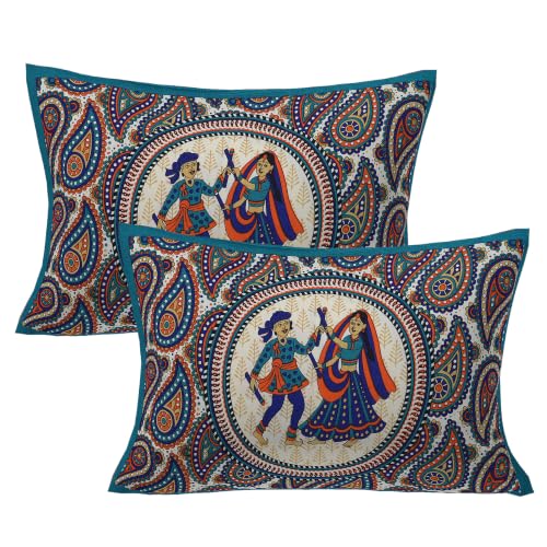 Image of RajasthaniKart Comfort Rajasthani Jaipuri Traditional Sanganeri Print 144 TC Cotton Double Bedsheet with 2 Pillow Covers - King, Round Dandiya (Green, Double)