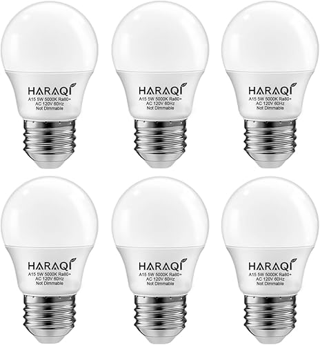 Paquete de 6 bombillas LED A15 de 5 W 120 V E26 de base media, luz blanca diurna de 5000 K, bombillas domésticas equivalentes a 50 W para ventilador