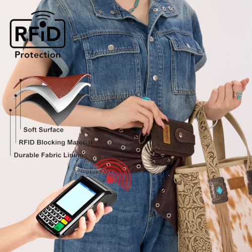 Image of Wrangler Wallet Women Small Credit Card Holder Zip Around Credit Card Case | Compact & Easy to Carry, Gifts for Women, with Rfid Blocking and Cash Compartment,Western Tooling Floral, Soft Vegan Leather