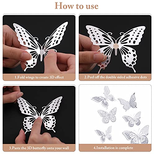 Image of SAOROPEB 3D Butterfly Wall Decor, 48 Pcs 4 Styles 3 Sizes, Removable Metallic Wall Sticker Room Mural Decals for Kids Bedroom Nursery Classroom Party Decoration Wedding Decor DIY Gift (Sliver) | 4 Styles 3 Sizes, Removable Metallic Wall Sticker Mural Decals for Kids Bedroom Nursery Classroom Party Decoration Wedding