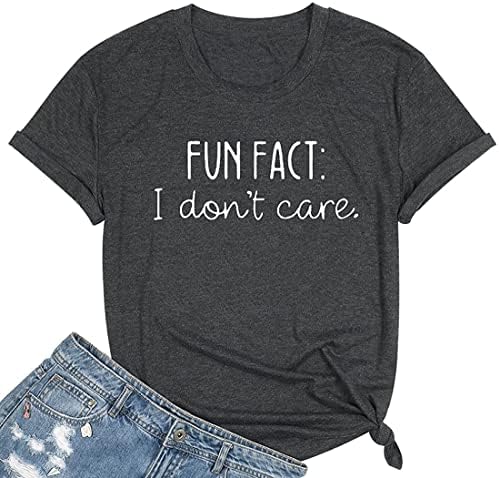 Calvin Fun Fact l Don't Care Letter Print T-Shirt for Women Funny Sayings Graphic Tees-XL Grey