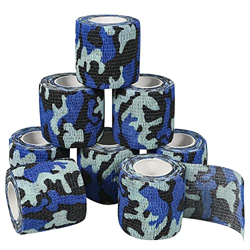 GooGou Self Adherent Bandages Camouflage Cohesive Tape Camo Elastic Sports Tape for Sports Hunting Gear and Finger Wrist Ankle 8PCS 2 in X 14.7 ft (Blue Camouflage)