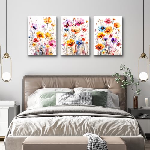 DZRWUBHS Wall Art for Bedroom Wall Decor Living Room Modern Watercolour Floral Decor Flowers Poster Vintage Aesthetic Wildflower Pictures Artwork Canvas Paintings Farmhouse Home Decoration 3 Piece