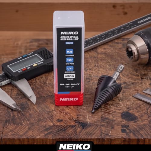 Image of NEIKO 10629B Step Drill Bit, 2 Steps 7 /8 inch to 1-1 /8 inch Spiral M35 Cobalt, AlTiSiN Coated, 1 /4 inch Quick Change Step Bits for Steel, Metal, Wood, Plastic, Unibit Cone Drill Bits, Two Flute