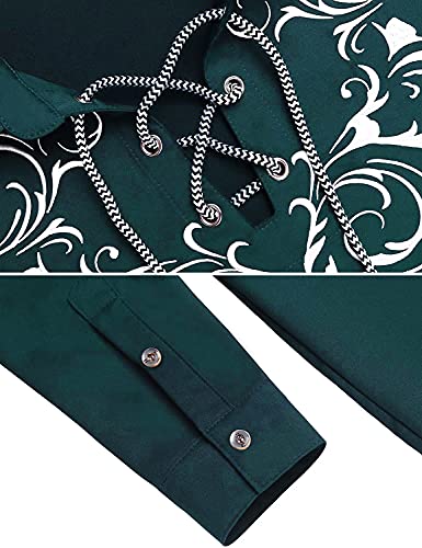 Daupanzees Mens Lace-up Medieval Renaissance Pirate Costume Long Sleeve Shirt Green - Thumbnail 4