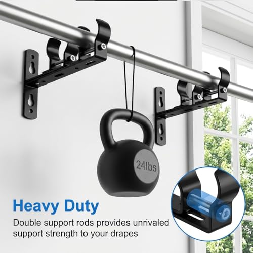 Image of HASTHIP Double Layer Wall Mounted Curtain Rod Brackets with Screw Kit, Telescopic Carbon Steel Curtain Holders, Black Finish Drapery Rod Support Brackets for Window Treatment Hardware