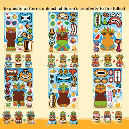 Image of Summer Stickers, Make a Tiki Face Sticker, Tropical Hawaiian Stickers | 24 Sheets Make Your Own Tiki Sticker for Kids Summer Luau Party Favors Decoration