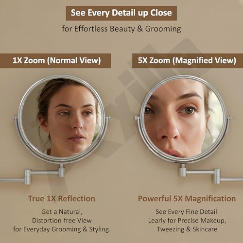 Image of Magnifying Mirror for Bathroom | 5X & 1X Double Sided Makeup Mirror | Wall Mounted Mirror with 360 Rotation for Shaving & Makeup (Chrome)