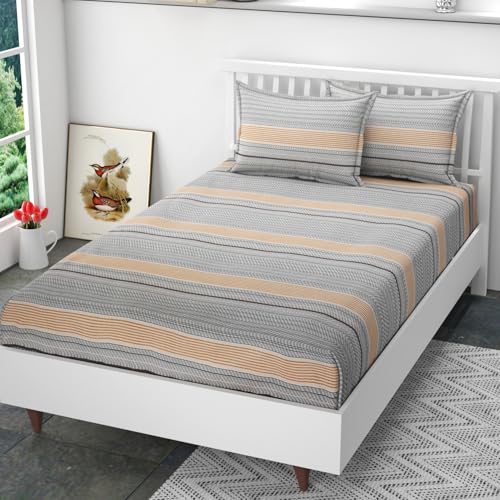 Image of 200 TC 100% Polycotton Printed Supersoft Bedsheet for Single Bed with 2 King Size Pillow Covers Soft /Breathable Wrinkel Free -60x90 Inches -White
