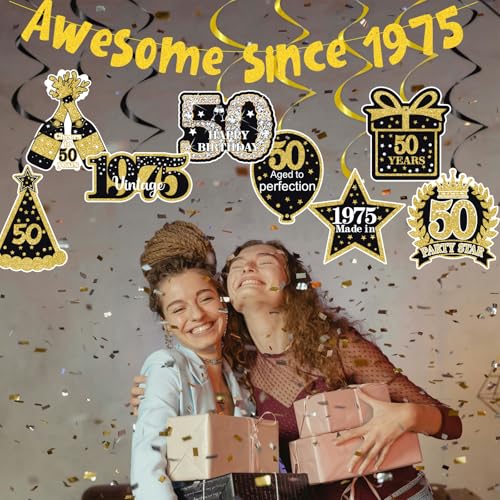 Image of 50th Birthday Decorations for Men Women,Pre-Strung Glitter Gold Vintage Happy 50th Birthday Party Banner,Awesome Since 1975 Hanging Swirls,for 50 Years Old,Anniversary Supplies Ideas