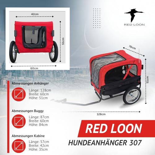 Red Loon Hundeanhänger Mini - Hunde Fahrradanhänger Jogger Rot, Stabiler Transporter 20kg Belastbarkeit, Convertible Jogging-Set, inkl. Universal-Kupplung und Regenschutz