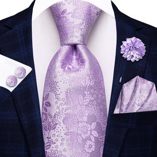 Image of Hi-Tie Men Silk Ties Set with Flower Lapel Pin Necktie Pocket Square Cufflinks for Tuxedo Wedding Business