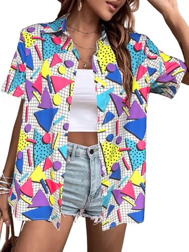 80s 90s Outfits for Women Hawaiian Retro Party Disco Neon Outfits Neon Short Sleeve Button Down Blouse Tops