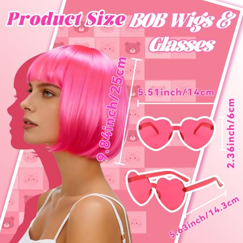 Image of DAJOOEE 2 Pack Party Wigs Wig Cap and Sunglass Set,Short Bob Hair Wigs Straight with Flat Bangs Synthetic Colorful Cosplay Daily Party Neon Wig for Women (Pink Green)