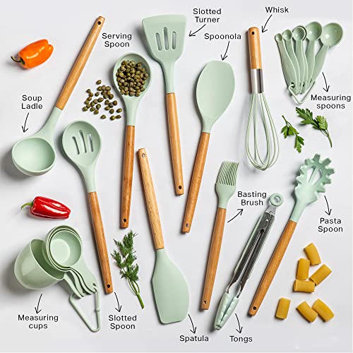 Kitchen Utensils Set Silicone Cooking Utensils Set Heat Resistant, Mint Spatula Kitchen Set Kitchen Serving Utensils Set, 20 Pcs Non Stick Kitchen Utensil Set, Wooden Silicone Kitchen Utensils Set #TOP1